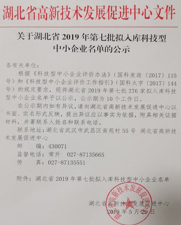湖北省2019年第七批拟入库科技型中小企业名单