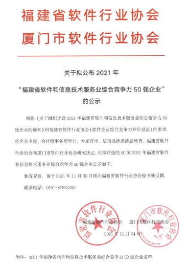 2021年福建省软件和信息服务业综合竞争力50强企业名单公布