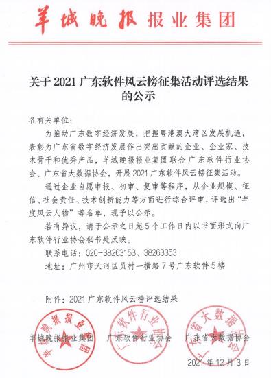 2021年广东软件风云榜年度评选活动结果公布